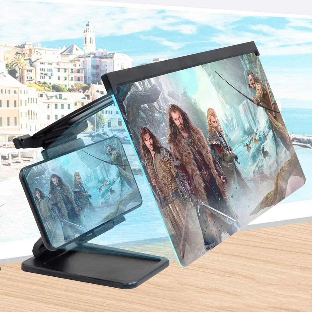 Black L20 mobile phone screen magnifier with foldable bracket and hard travel case on a table.