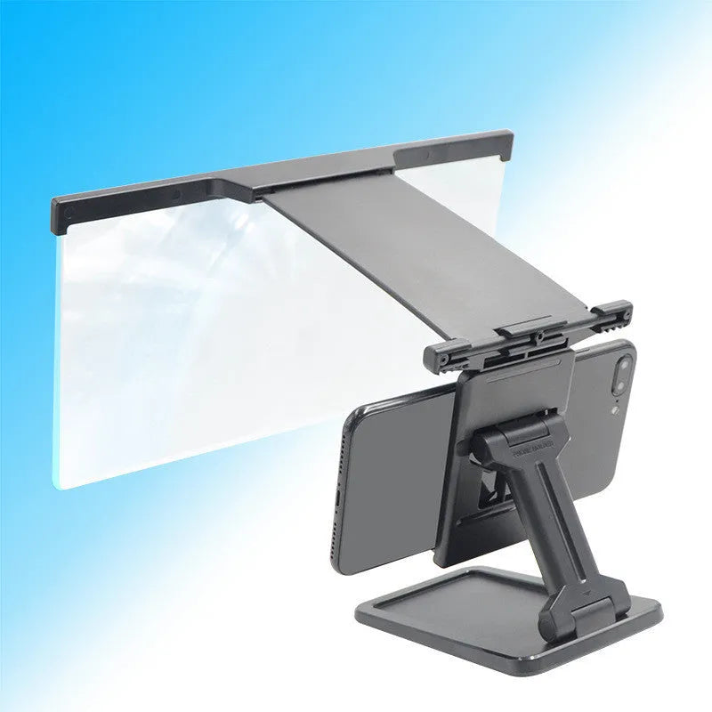Black L20 mobile phone screen magnifier with foldable bracket and hard travel case on a table.