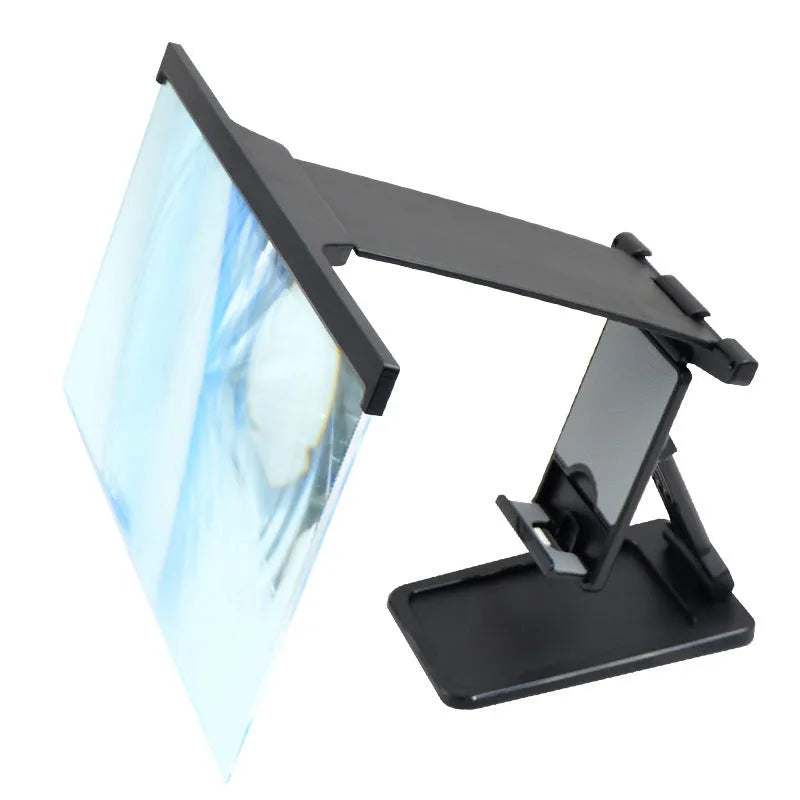 Black L20 mobile phone screen magnifier with foldable bracket and hard travel case on a table.