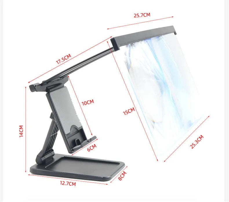 Black L20 mobile phone screen magnifier with foldable bracket and hard travel case on a table.