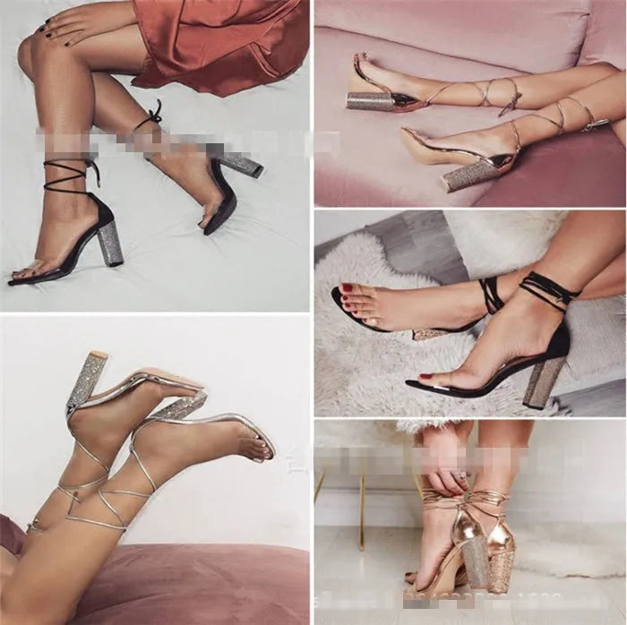 Women's black and gold pointed toe plastic high heels on a plain background.