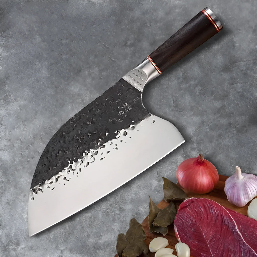 5CR15MOV silver vanadium steel kitchen knife with ebony wood handle, designed for cutting meat and bones