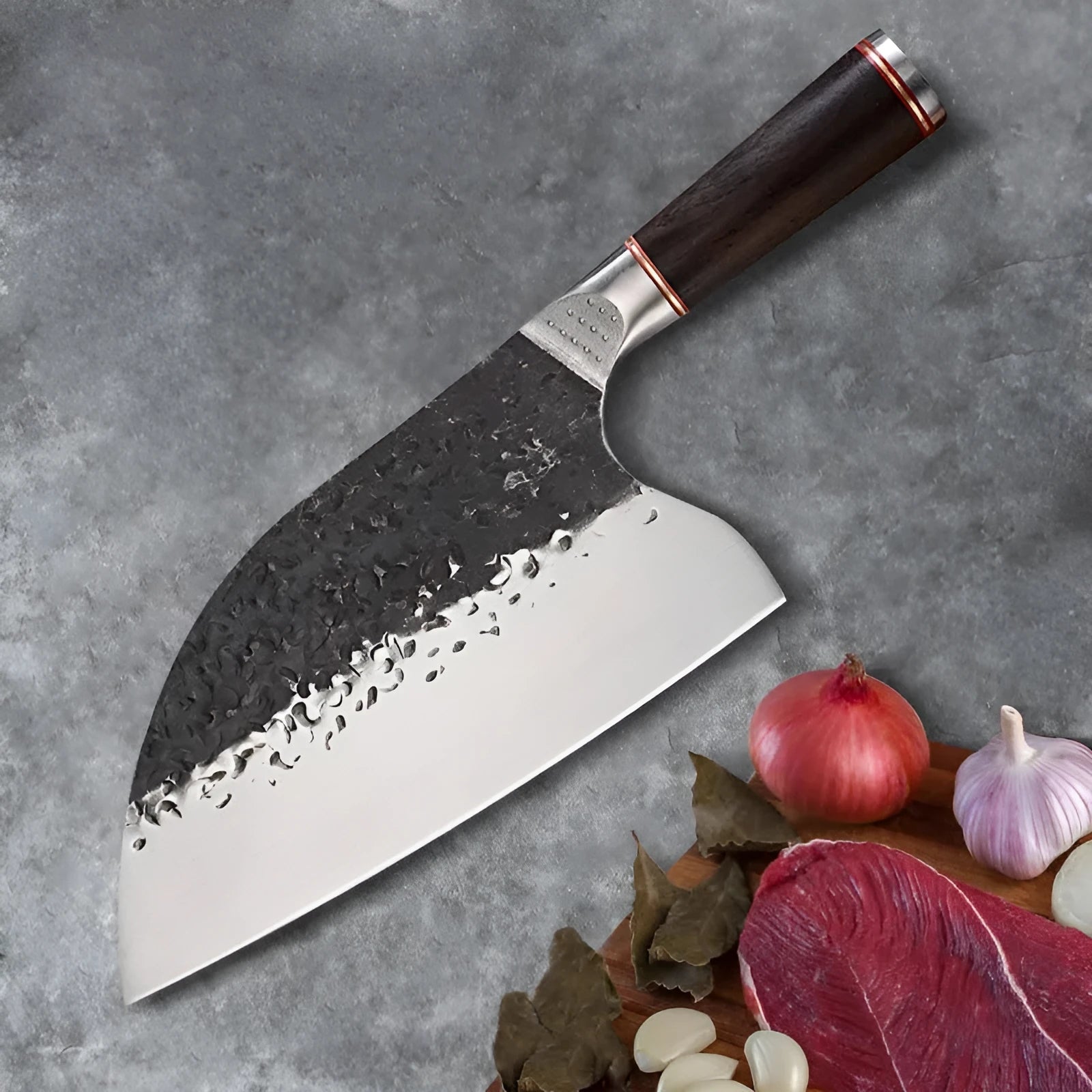 5CR15MOV silver vanadium steel kitchen knife with ebony wood handle, designed for cutting meat and bones