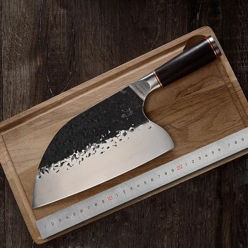 5CR15MOV silver vanadium steel kitchen knife with ebony wood handle, designed for cutting meat and bones