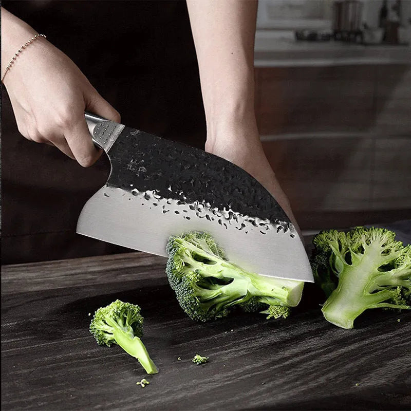5CR15MOV silver vanadium steel kitchen knife with ebony wood handle, designed for cutting meat and bones
