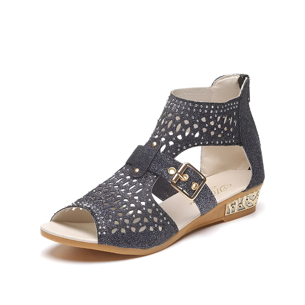 Women's rivet flat sandals with back zipper and low wedge heel in patent leather finish