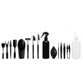 15-piece black mini garden hand tool set for succulent and bonsai plants on a grey cushion.