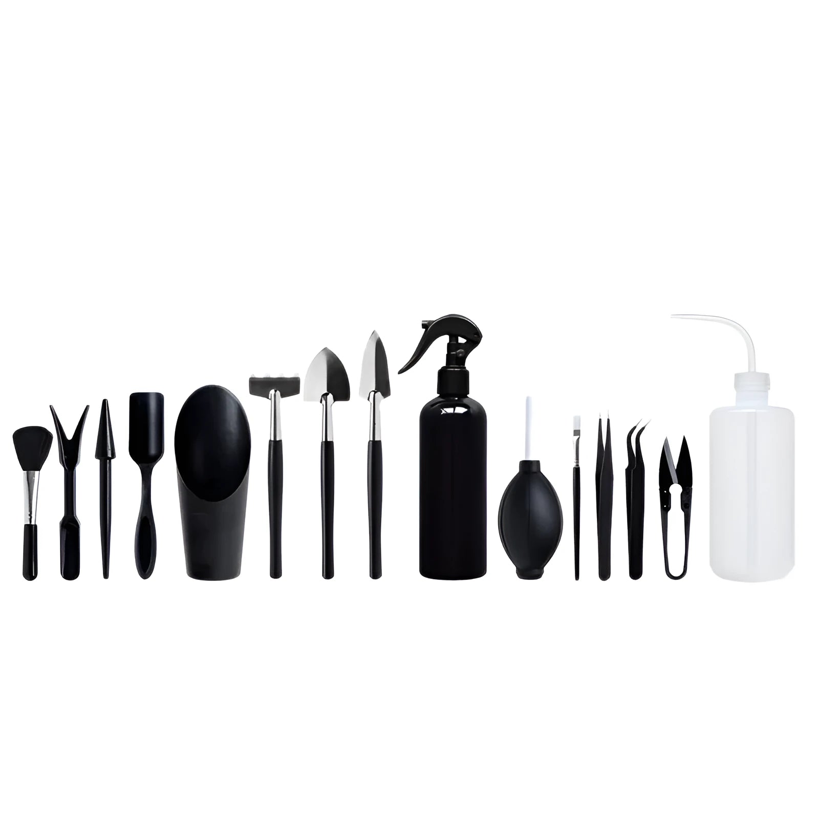 15-piece black mini garden hand tool set for succulent and bonsai plants on a grey cushion.
