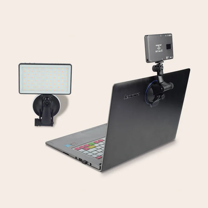 Black aluminium LED video conference light panel with 96 LEDs, USB-C port, and 1/4-inch mount