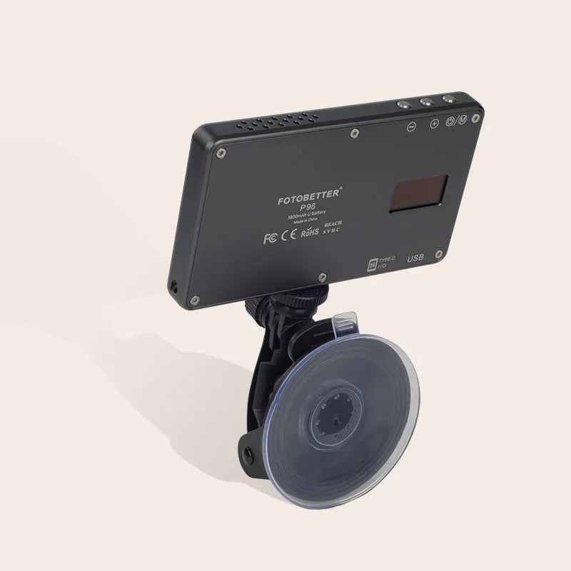 Black aluminium LED video conference light panel with 96 LEDs, USB-C port, and 1/4-inch mount