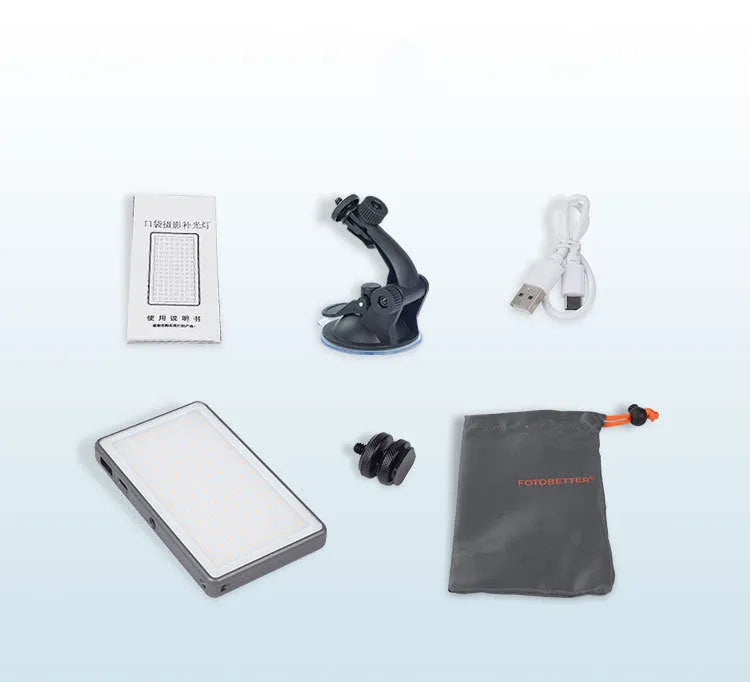 Black aluminium LED video conference light panel with 96 LEDs, USB-C port, and 1/4-inch mount