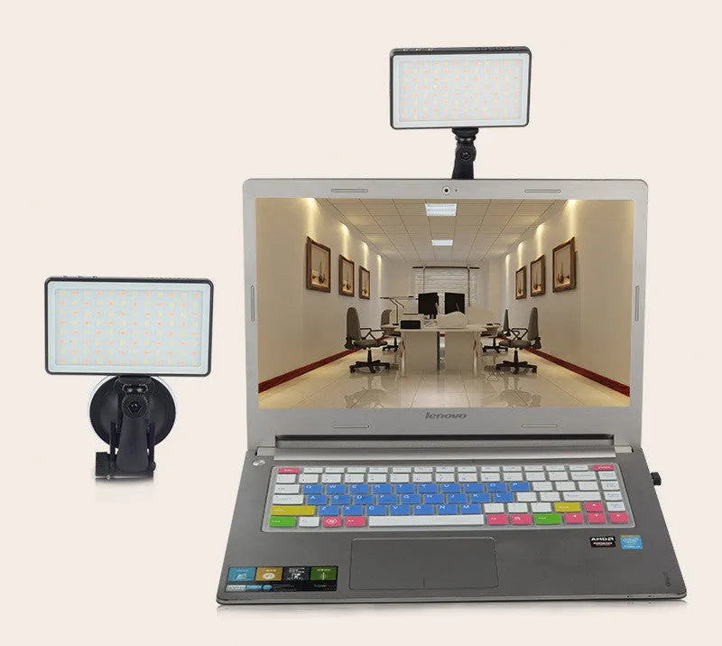 Black aluminium LED video conference light panel with 96 LEDs, USB-C port, and 1/4-inch mount