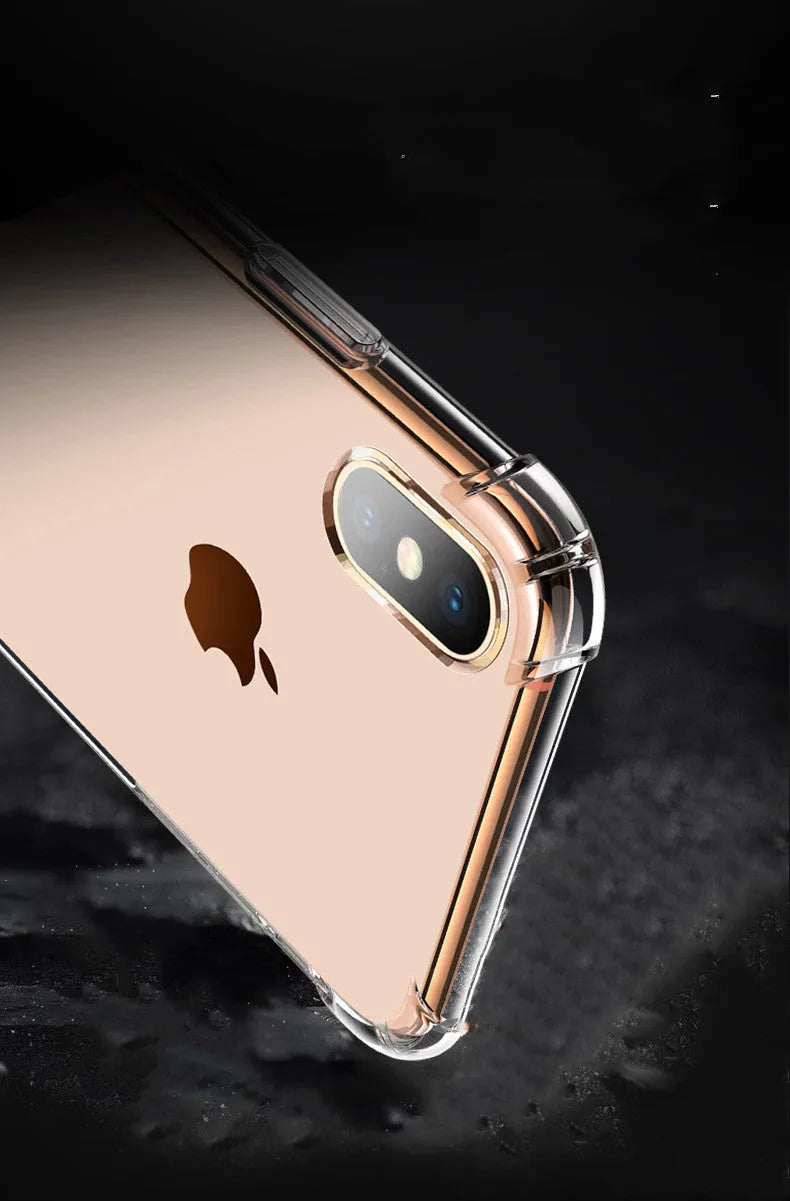 Transparent white shockproof TPU silicone case for iPhone, showing back and edge protection
