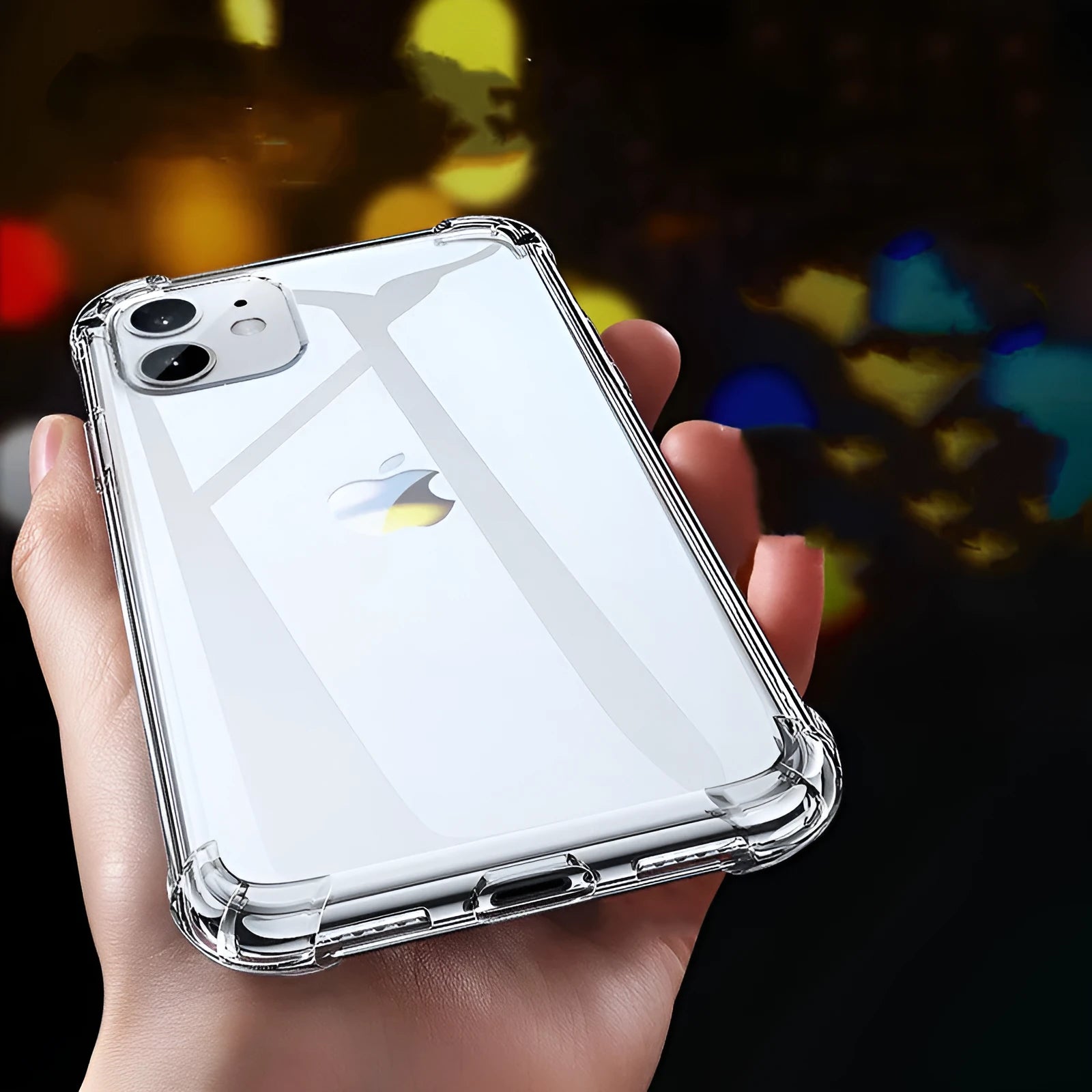 Transparent white shockproof TPU silicone case for iPhone, showing back and edge protection