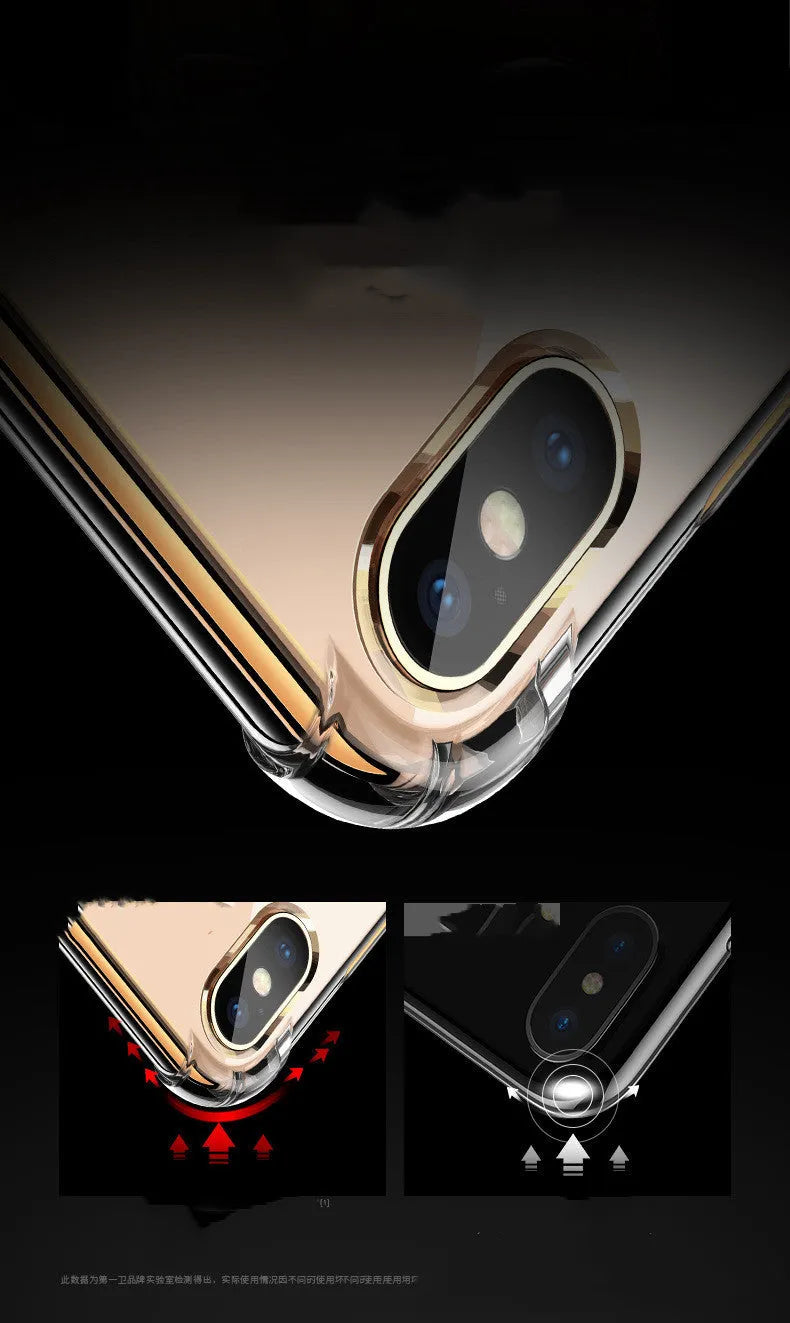 Transparent white shockproof TPU silicone case for iPhone, showing back and edge protection