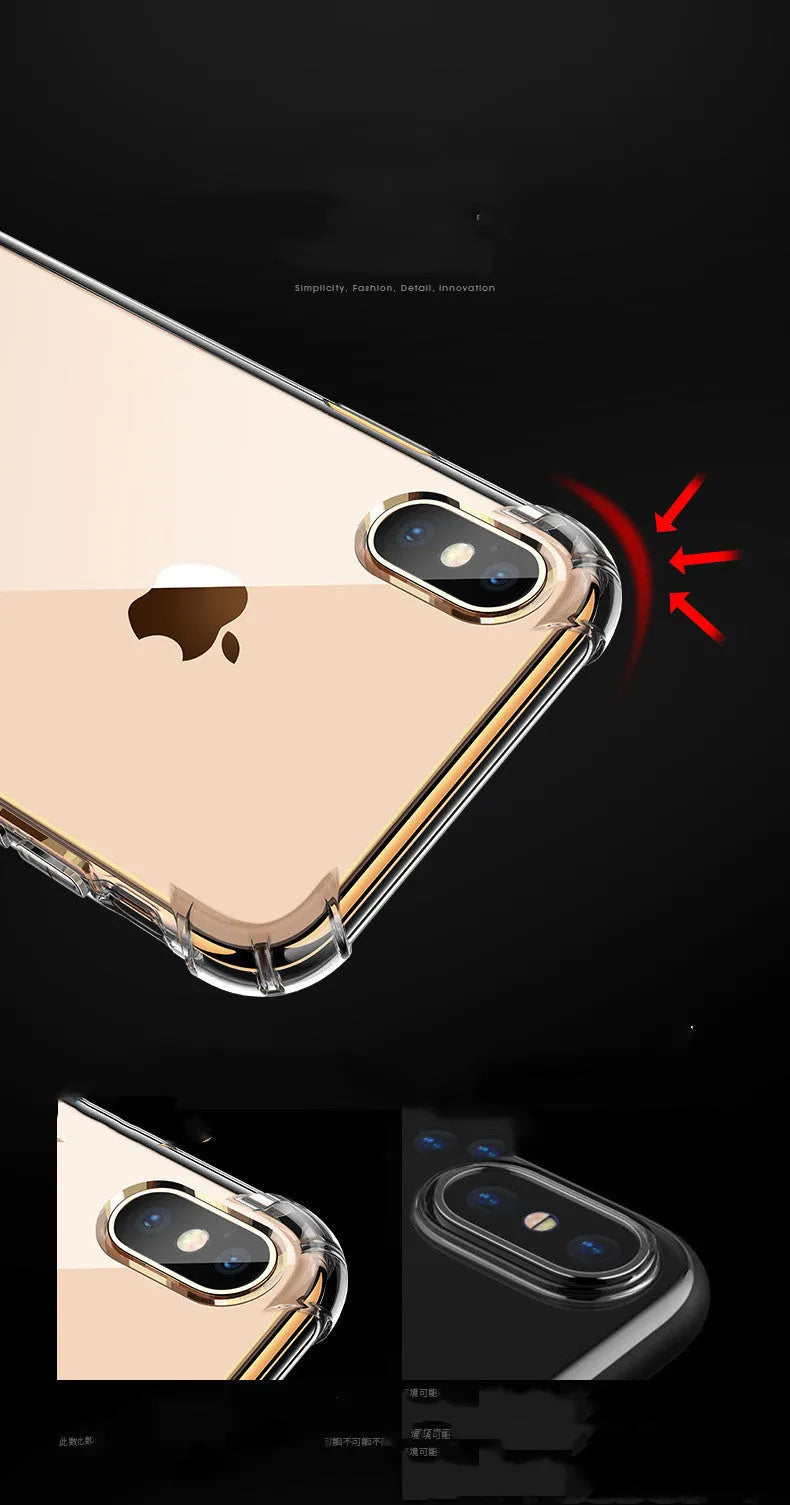 Transparent white shockproof TPU silicone case for iPhone, showing back and edge protection