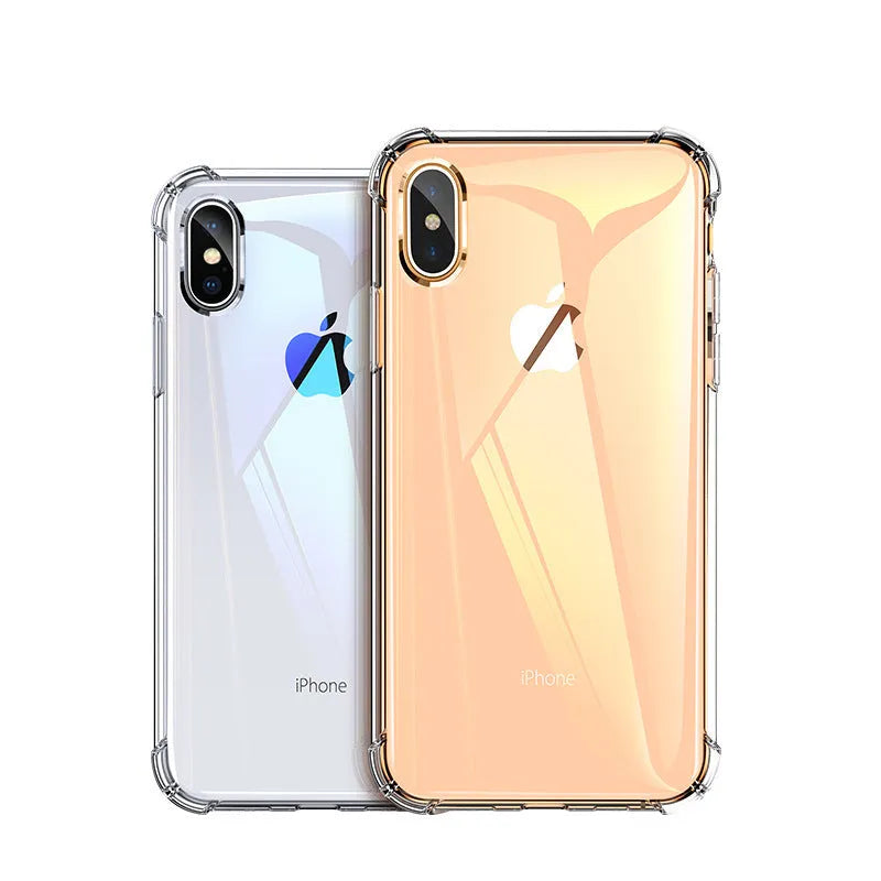 Transparent white shockproof TPU silicone case for iPhone, showing back and edge protection