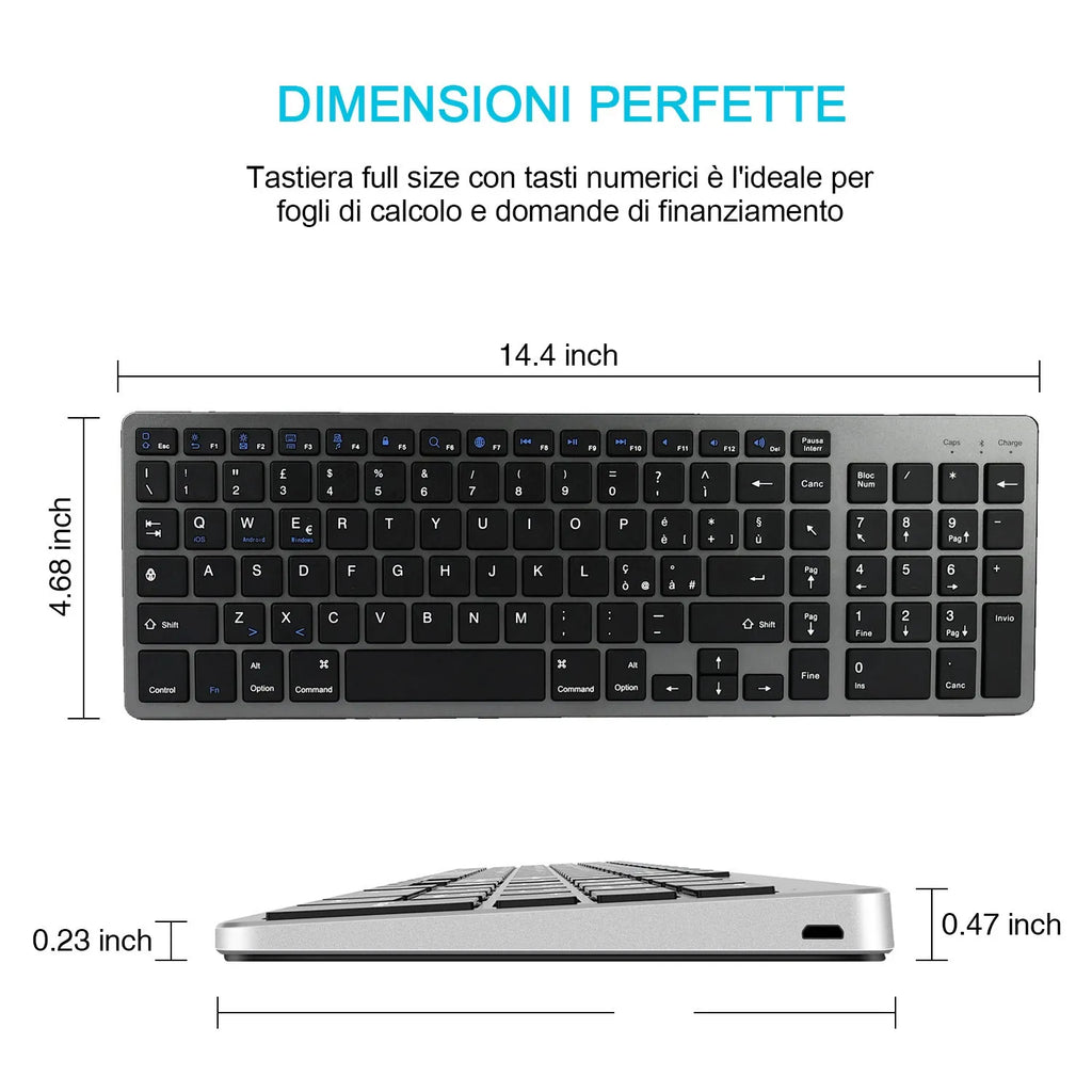 Ultra-thin white rechargeable Bluetooth keyboard for iPad tablet and laptop with 104 keys.