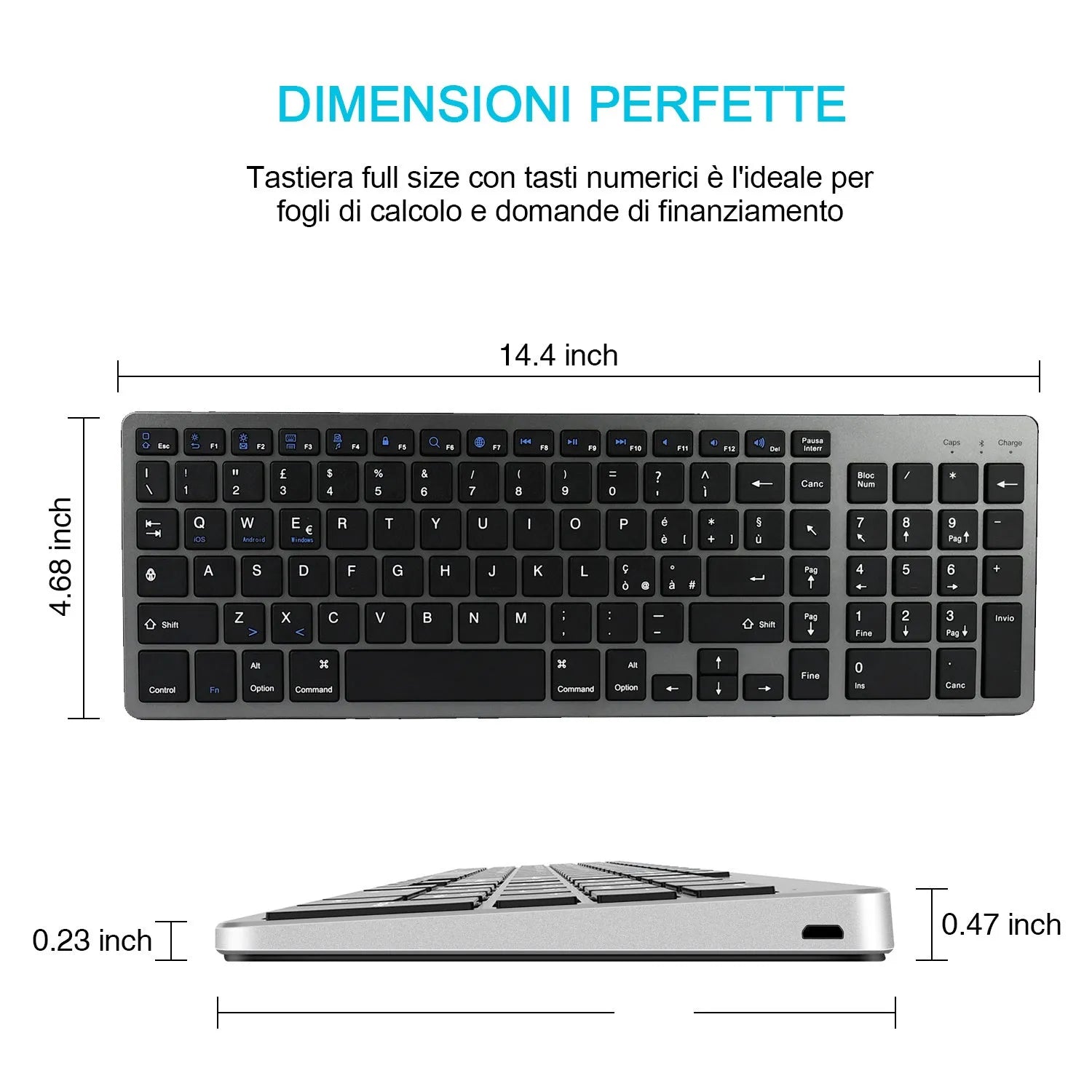 Ultra-thin white rechargeable Bluetooth keyboard for iPad tablet and laptop with 104 keys.