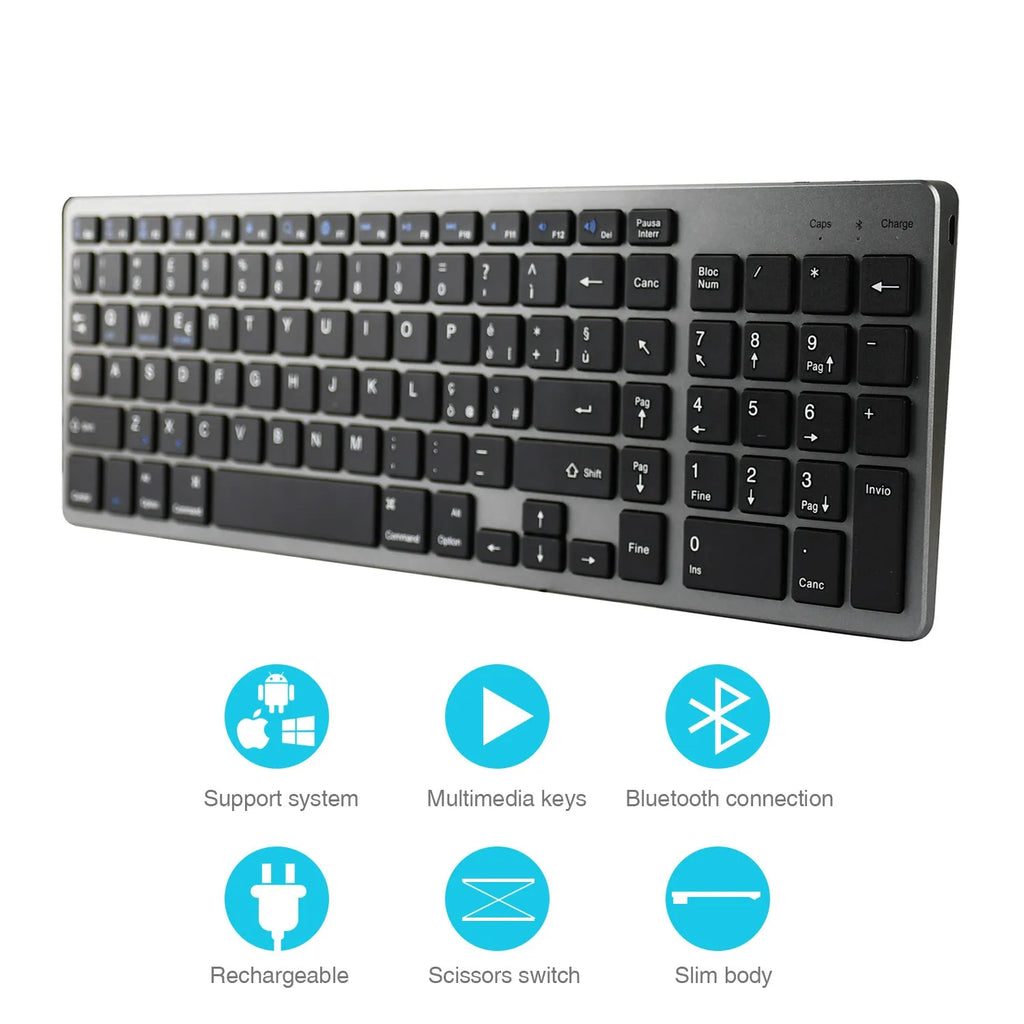Ultra-thin white rechargeable Bluetooth keyboard for iPad tablet and laptop with 104 keys.