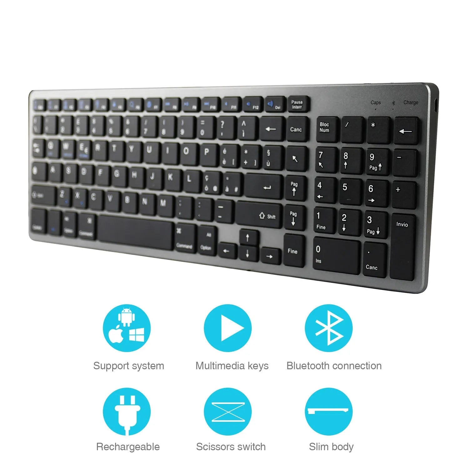 Ultra-thin white rechargeable Bluetooth keyboard for iPad tablet and laptop with 104 keys.