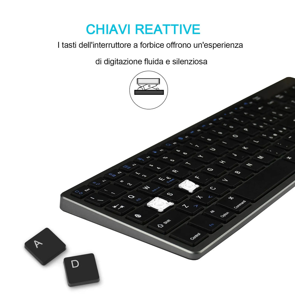 Ultra-thin white rechargeable Bluetooth keyboard for iPad tablet and laptop with 104 keys.