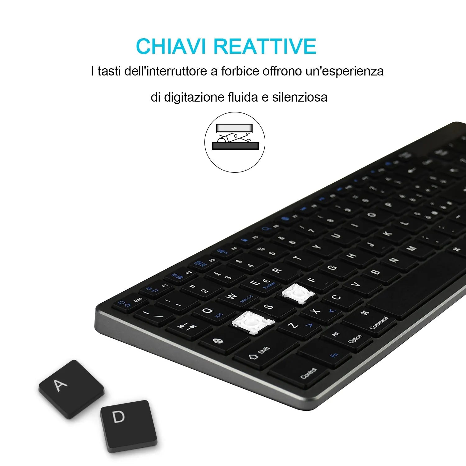 Ultra-thin white rechargeable Bluetooth keyboard for iPad tablet and laptop with 104 keys.