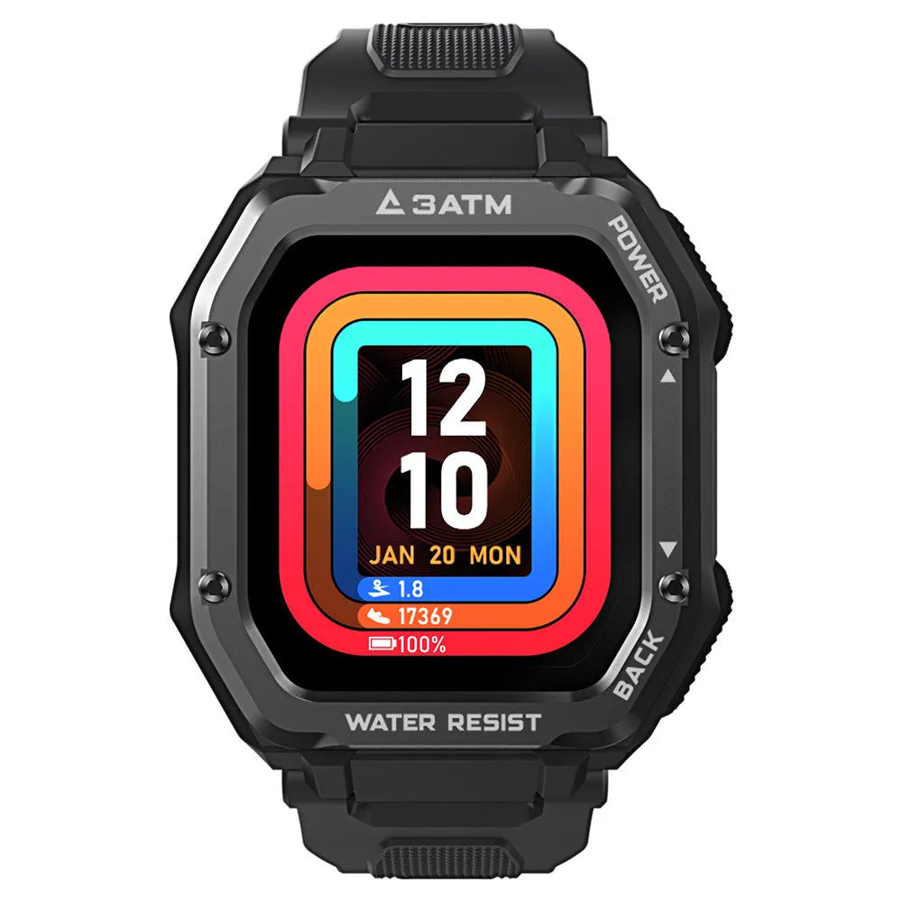 Army Green rugged smart watch with 1.69-inch screen and silicone wristband on a wrist