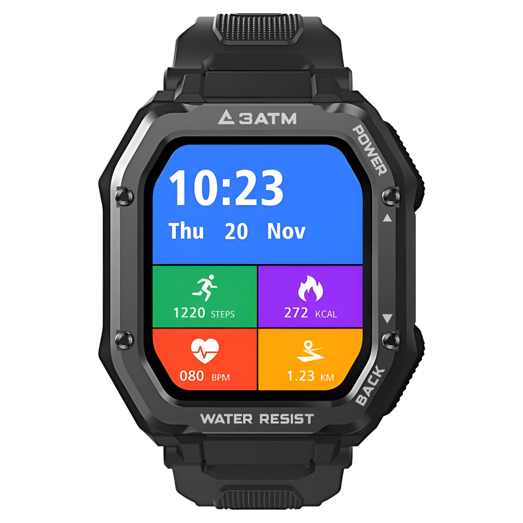 Army Green rugged smart watch with 1.69-inch screen and silicone wristband on a wrist