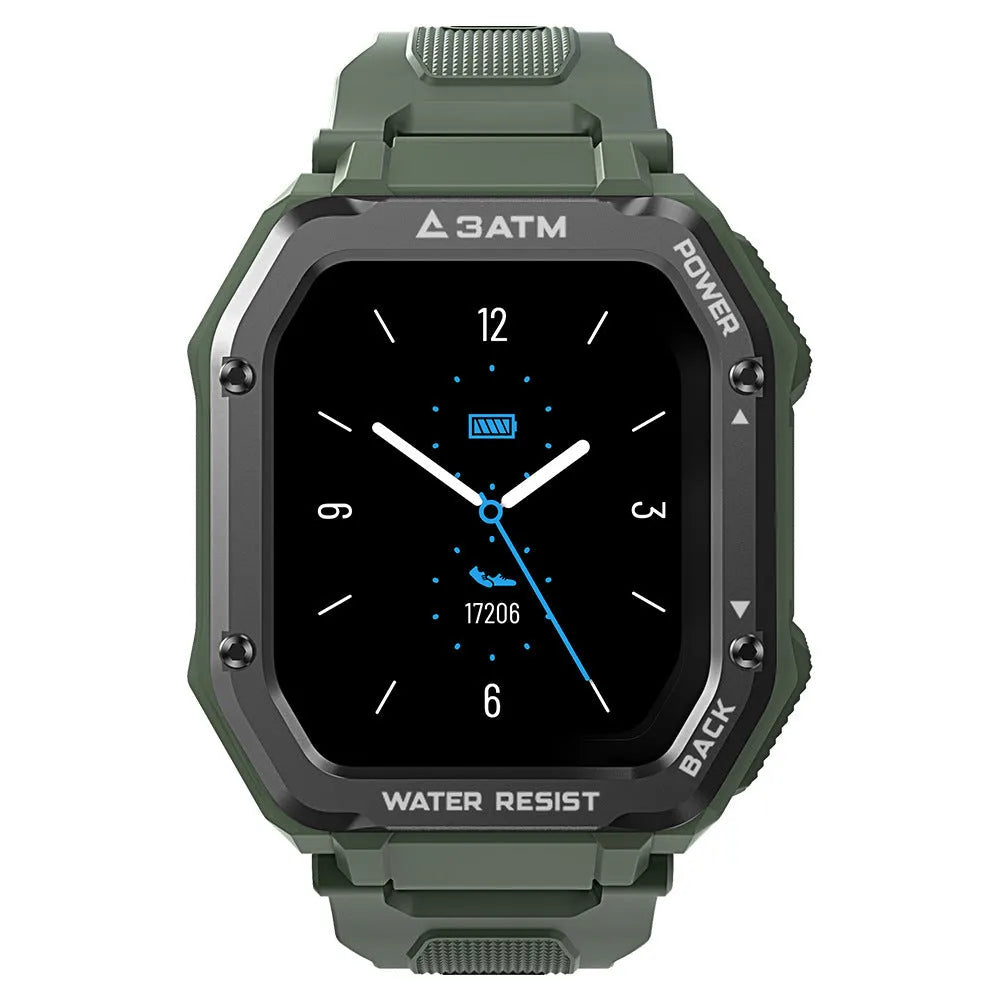 Army Green rugged smart watch with 1.69-inch screen and silicone wristband on a wrist
