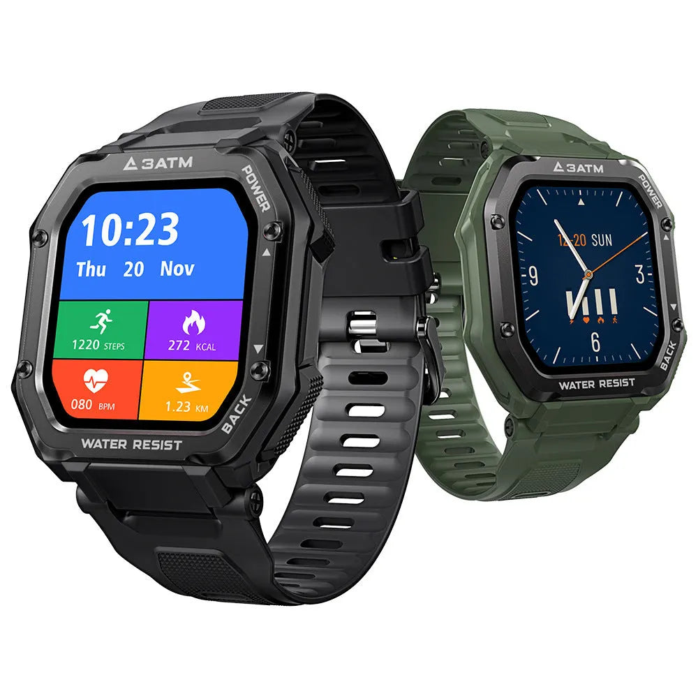 Army Green rugged smart watch with 1.69-inch screen and silicone wristband on a wrist