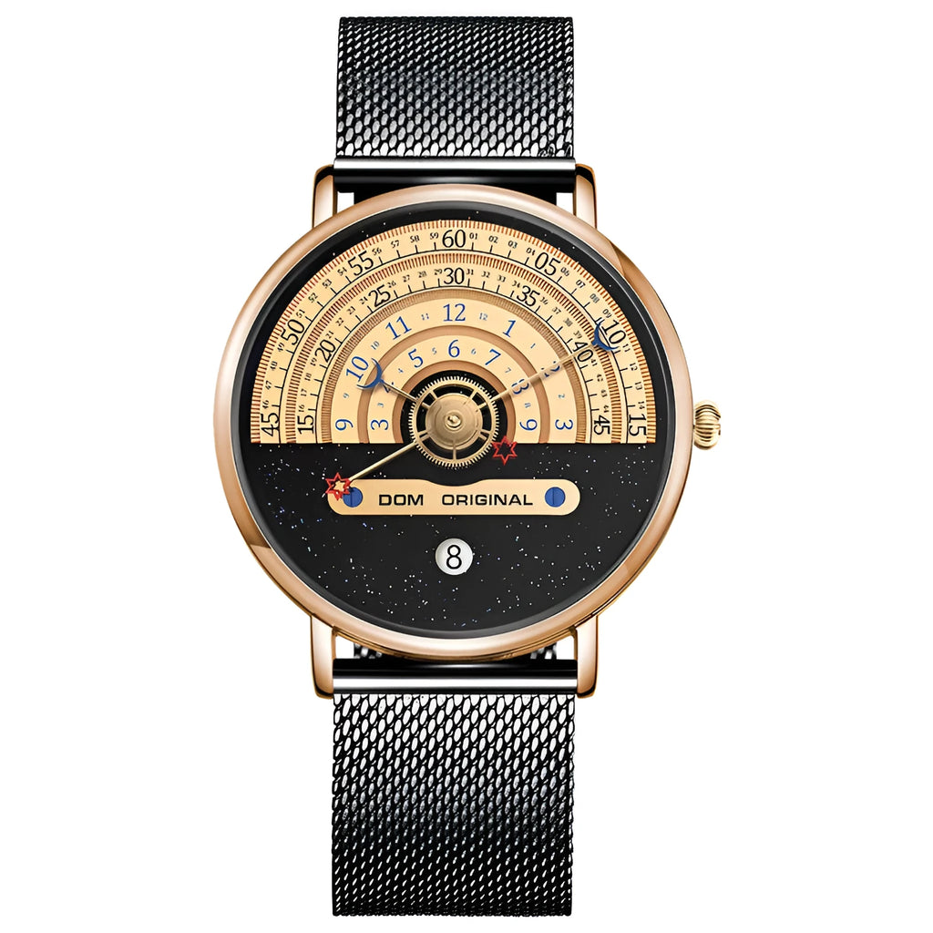 Men's gold and silver sports watch with 40mm round dial, alloy case, and stainless steel bracelet