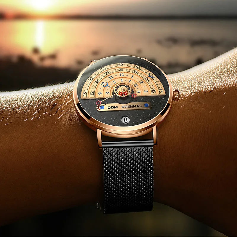 Men's gold and silver sports watch with 40mm round dial, alloy case, and stainless steel bracelet