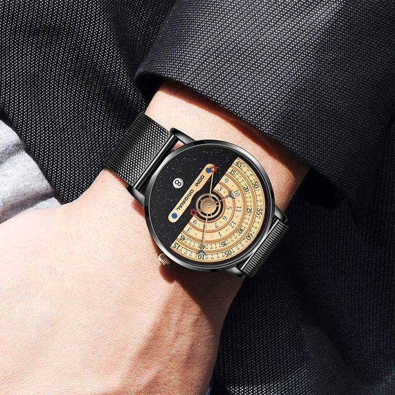 Men's gold and silver sports watch with 40mm round dial, alloy case, and stainless steel bracelet