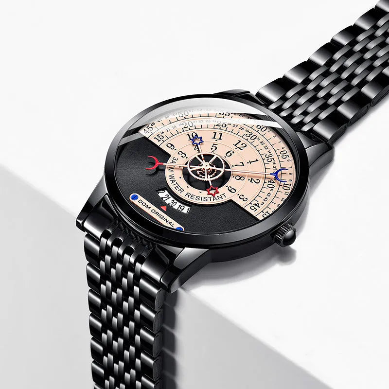 Men's gold and silver sports watch with 40mm round dial, alloy case, and stainless steel bracelet