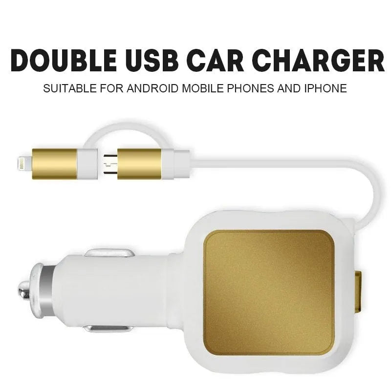 2 in 1 dual USB retractable car charger in black and silver with a retractable cable and two USB ports for mobile device charging
