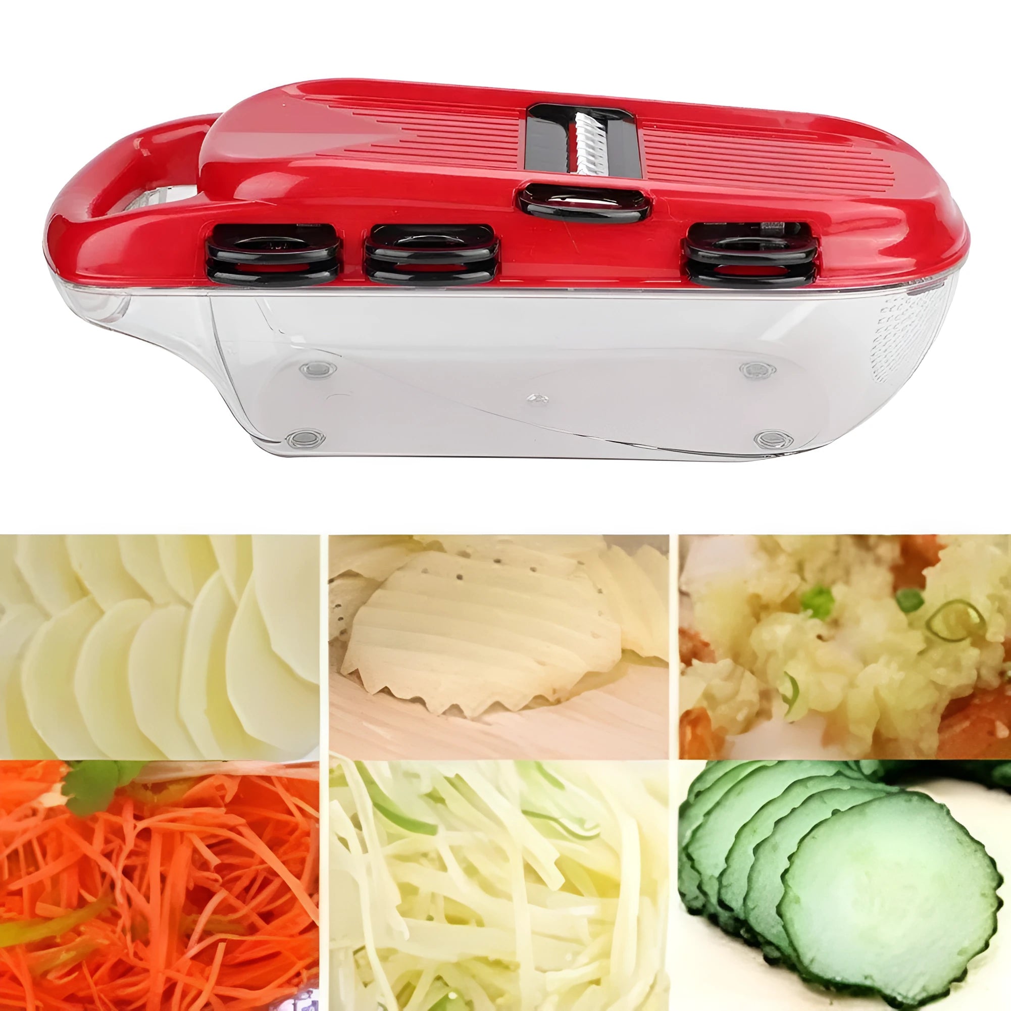 Stainless steel multifunctional vegetable cutter in red with 7 blades, hand guard, and clear PET container
