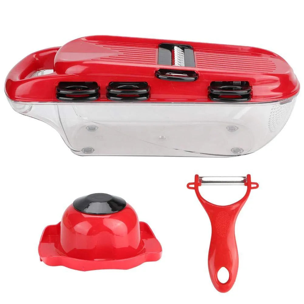 Stainless steel multifunctional vegetable cutter in red with 7 blades, hand guard, and clear PET container