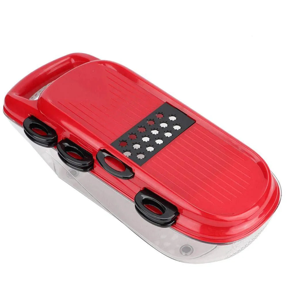 Stainless steel multifunctional vegetable cutter in red with 7 blades, hand guard, and clear PET container