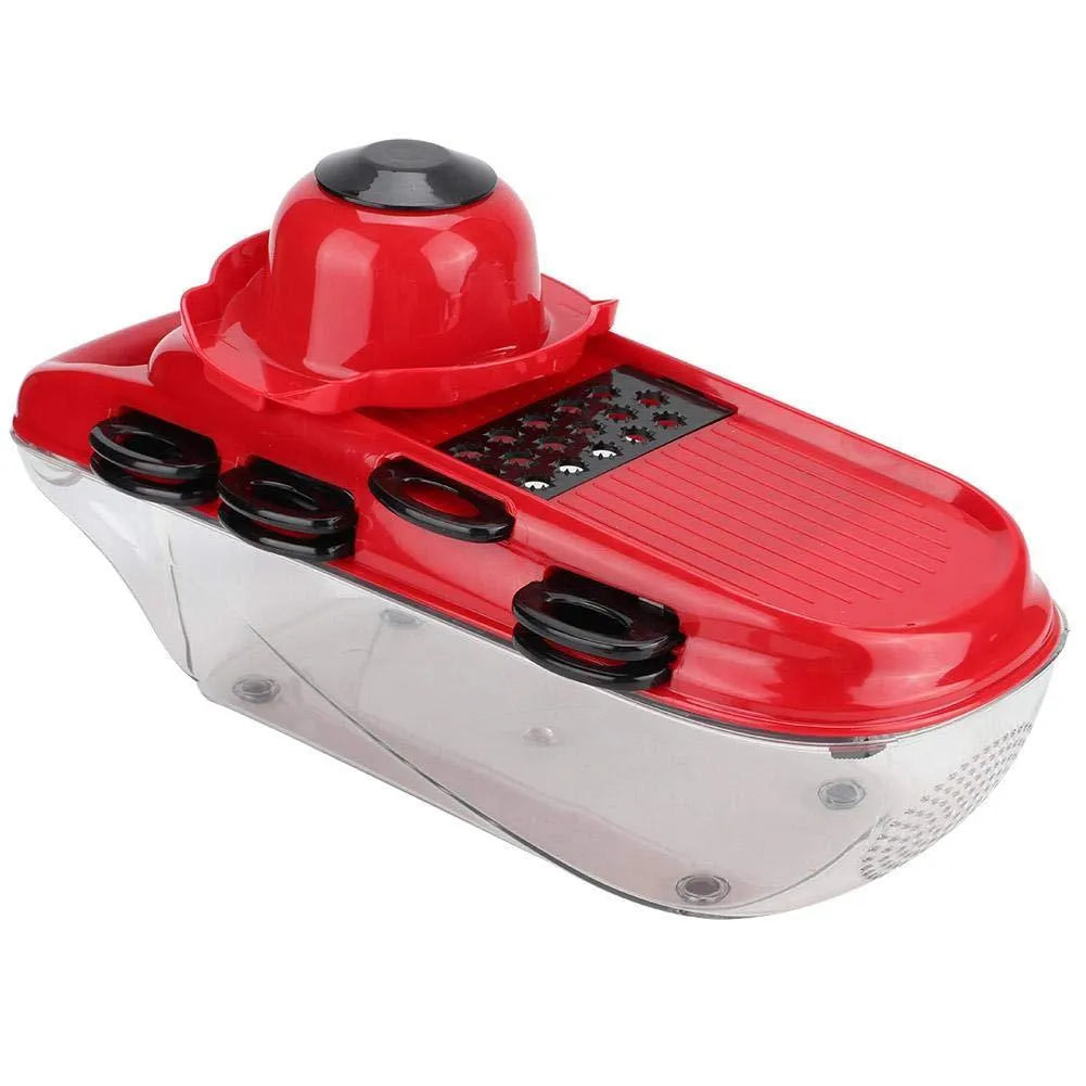 Stainless steel multifunctional vegetable cutter in red with 7 blades, hand guard, and clear PET container