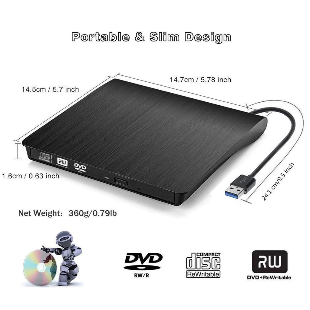 Black external USB DVD burner with tray loading for notebook and desktop use