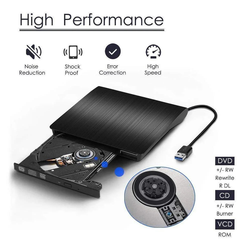 Black external USB DVD burner with tray loading for notebook and desktop use