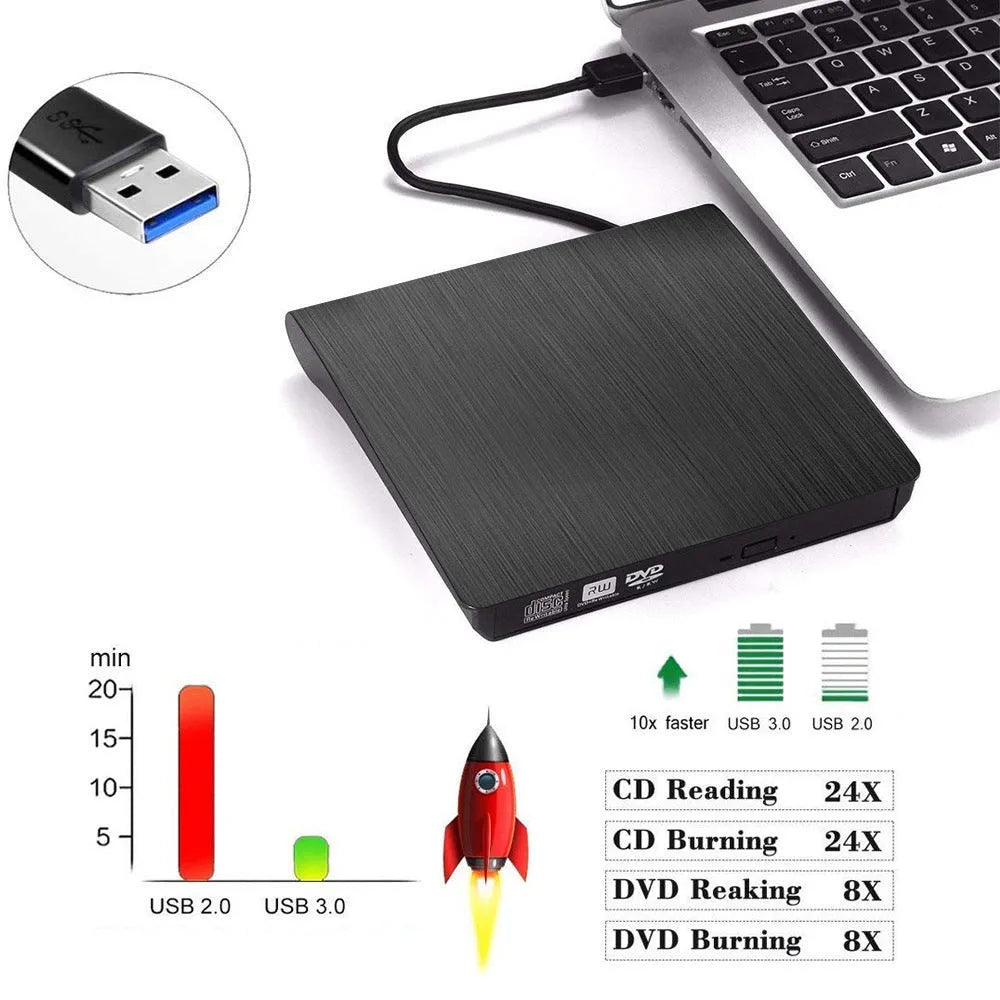 Black external USB DVD burner with tray loading for notebook and desktop use