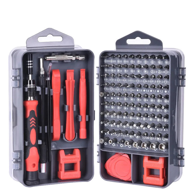 117 in 1 magnetic screwdriver set with flexible extension rod in black, blue, or red box.