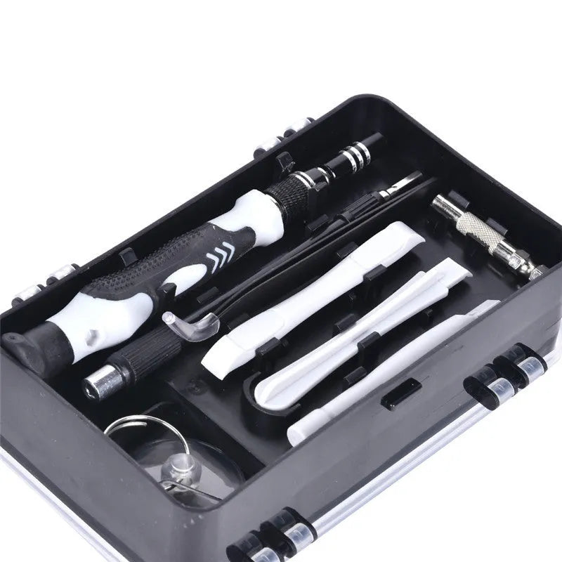 117 in 1 magnetic screwdriver set with flexible extension rod in black, blue, or red box.