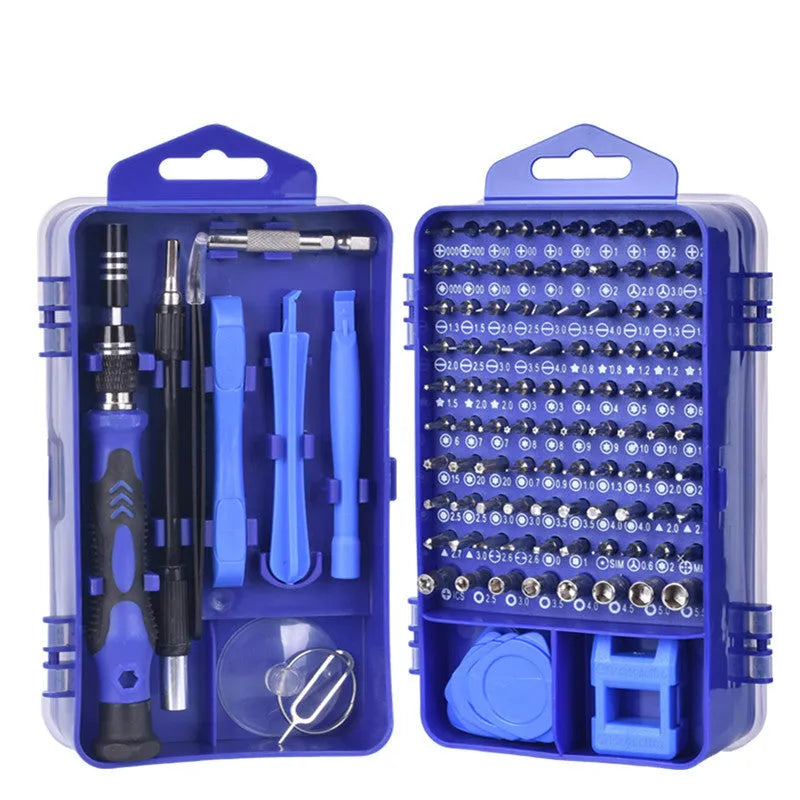 117 in 1 magnetic screwdriver set with flexible extension rod in black, blue, or red box.