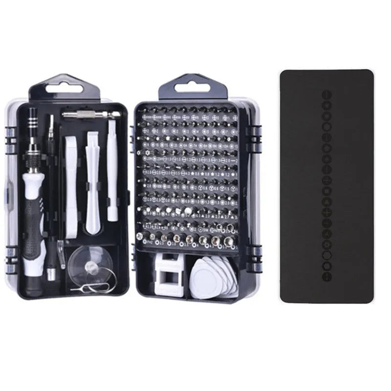 117 in 1 magnetic screwdriver set with flexible extension rod in black, blue, or red box.