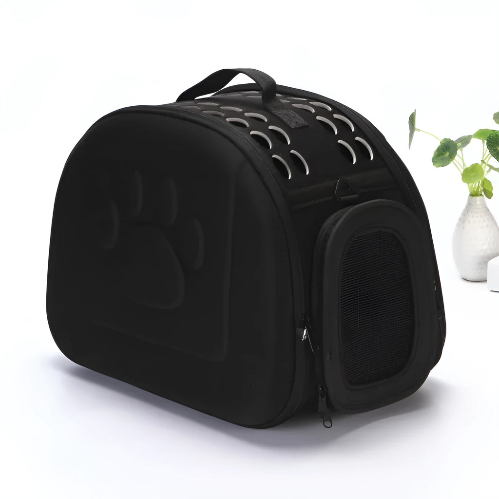 Collapsible EVA pet carrier bag in medium size, pink colour, folded flat with two zippers