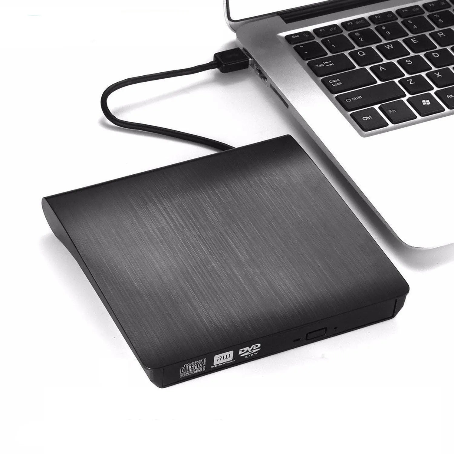 Black external USB DVD burner with tray loading for notebook and desktop use