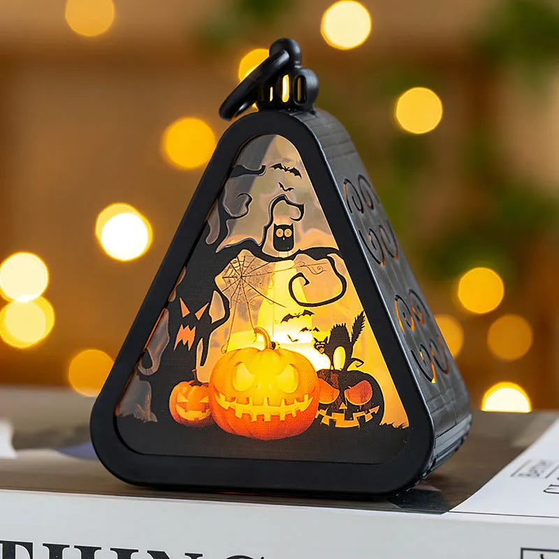 Halloween pumpkin lamp decoration in castle theme measuring 8.9cm tall